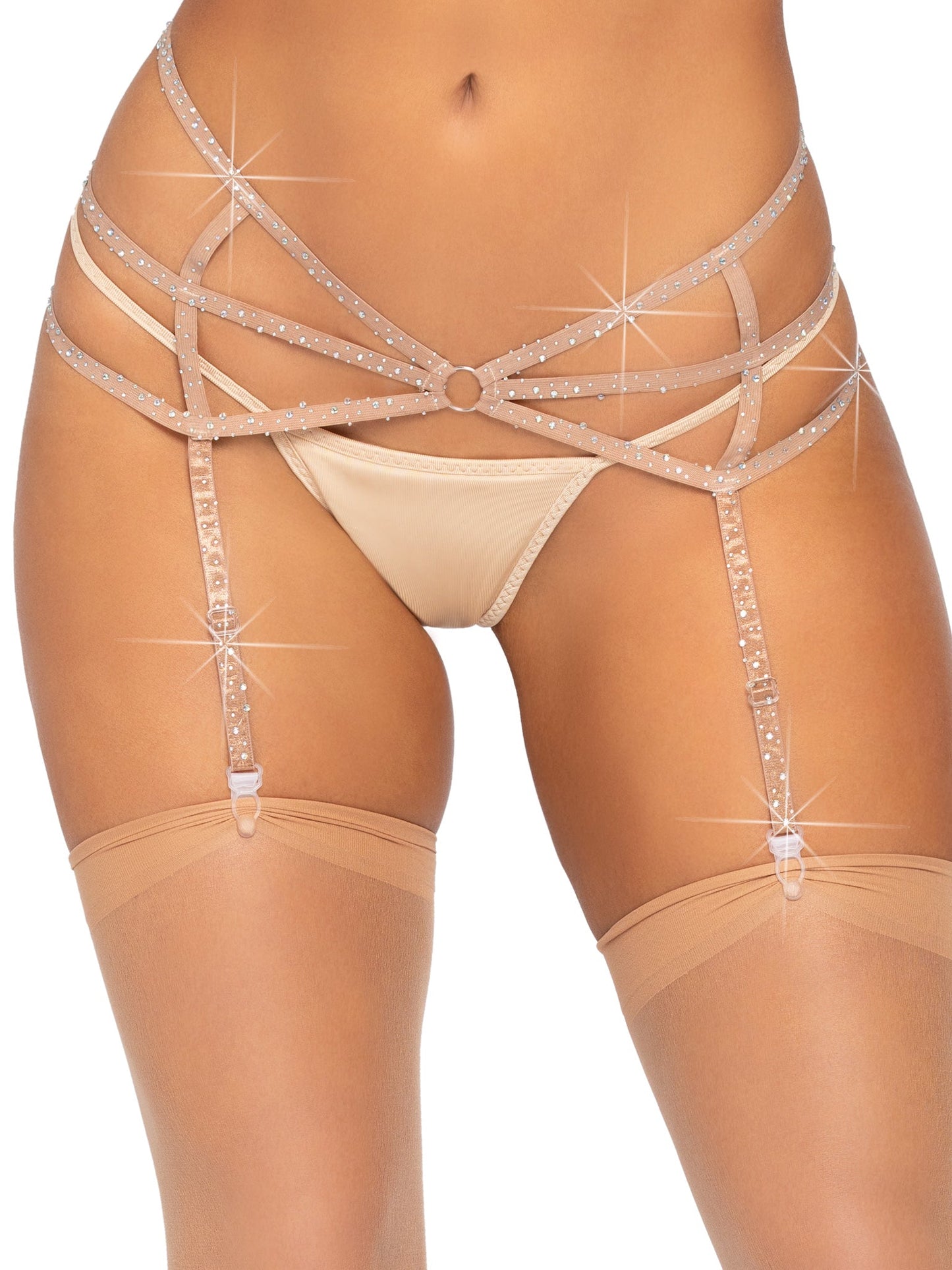 Strappy Rhinestone Garter Belt beige