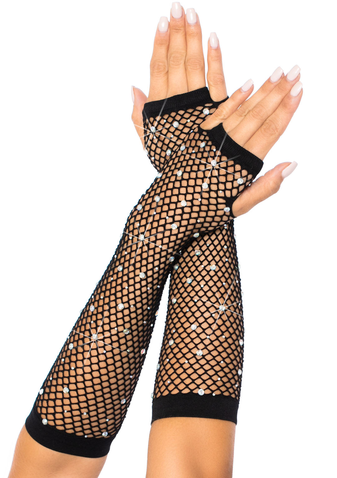 Rhinestone Fingerless Fishnet Gloves