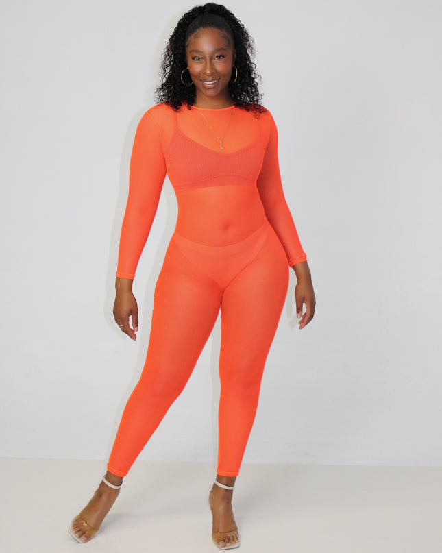 Neon Orange Mesh Jumpsuit