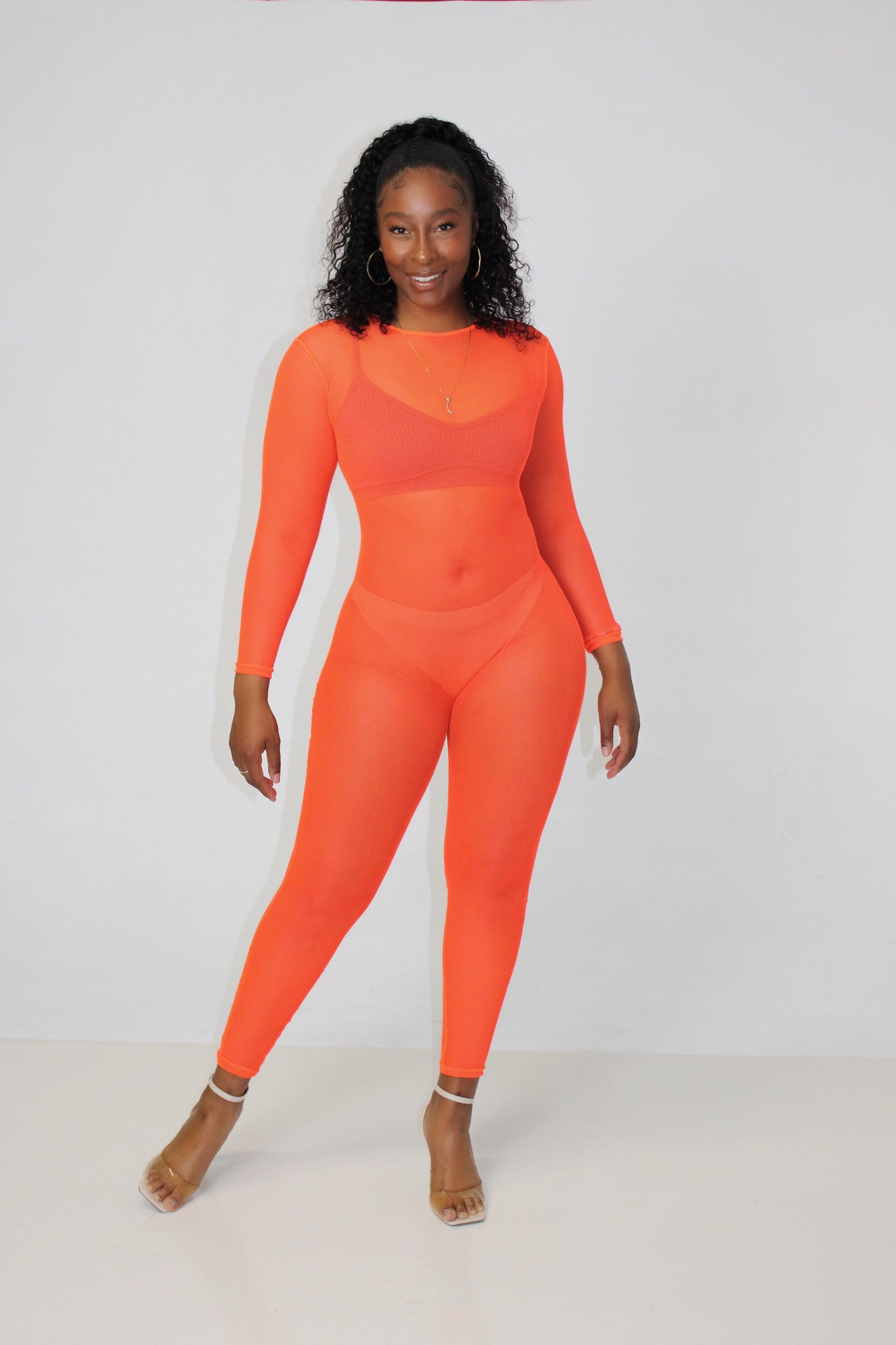 Neon Orange Mesh Jumpsuit