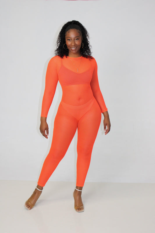 Neon Orange Mesh Jumpsuit