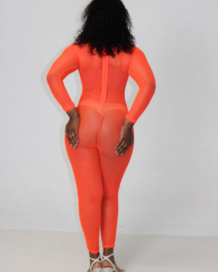 Neon Orange Mesh Jumpsuit