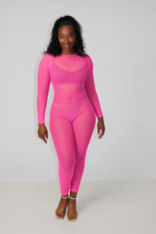Neon Pink Mesh Jumpsuit