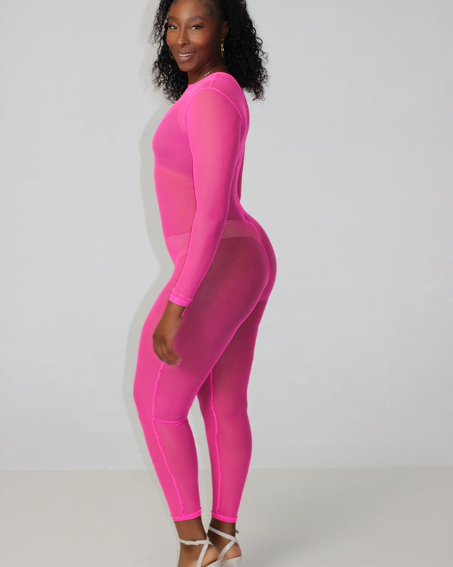 Neon Pink Mesh Jumpsuit
