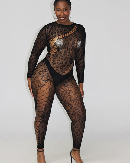 Black leopard fishnet jumpsuit