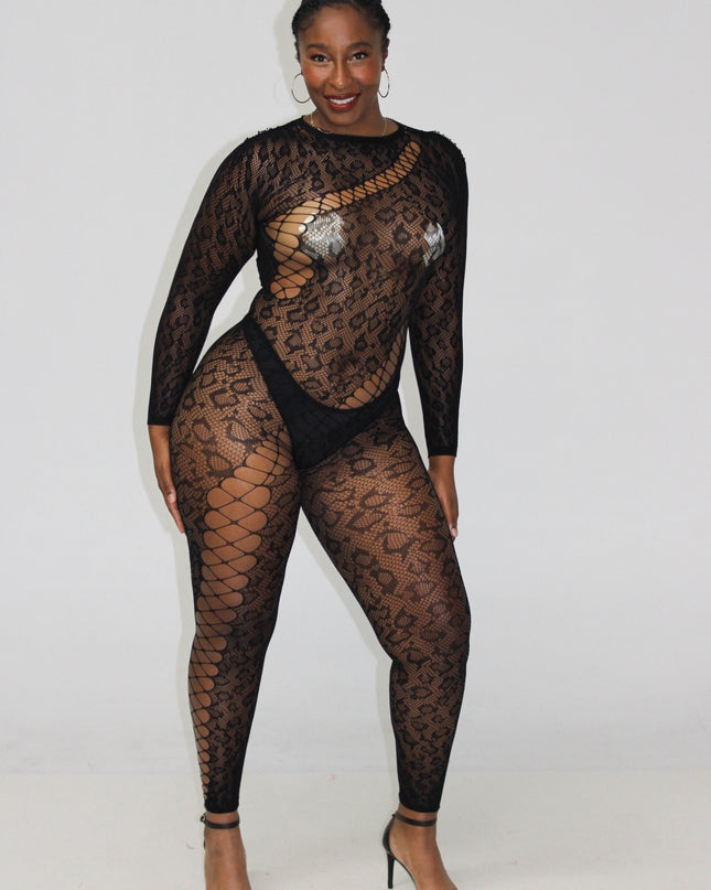 Black leopard fishnet jumpsuit