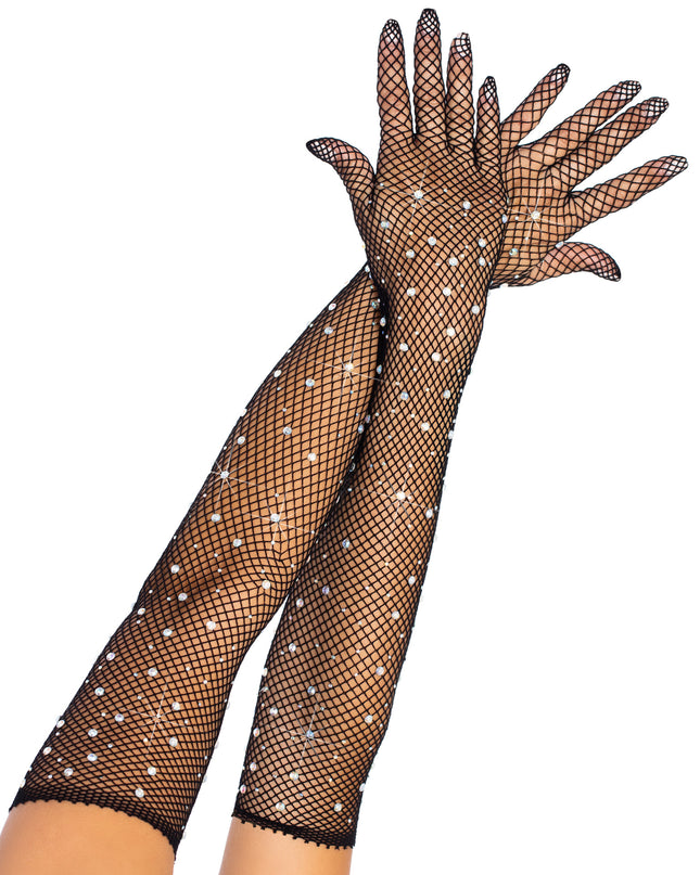 Rhinestone fishnet gloves black