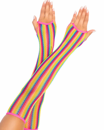 Fingerless fishnet rainbow gloves