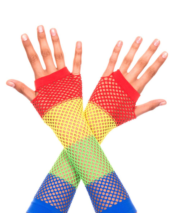 Rainbow fishnet gloves