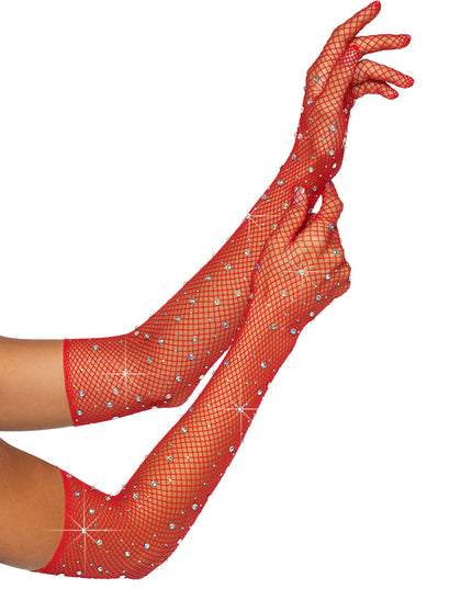 Rhinestone fishnet gloves red