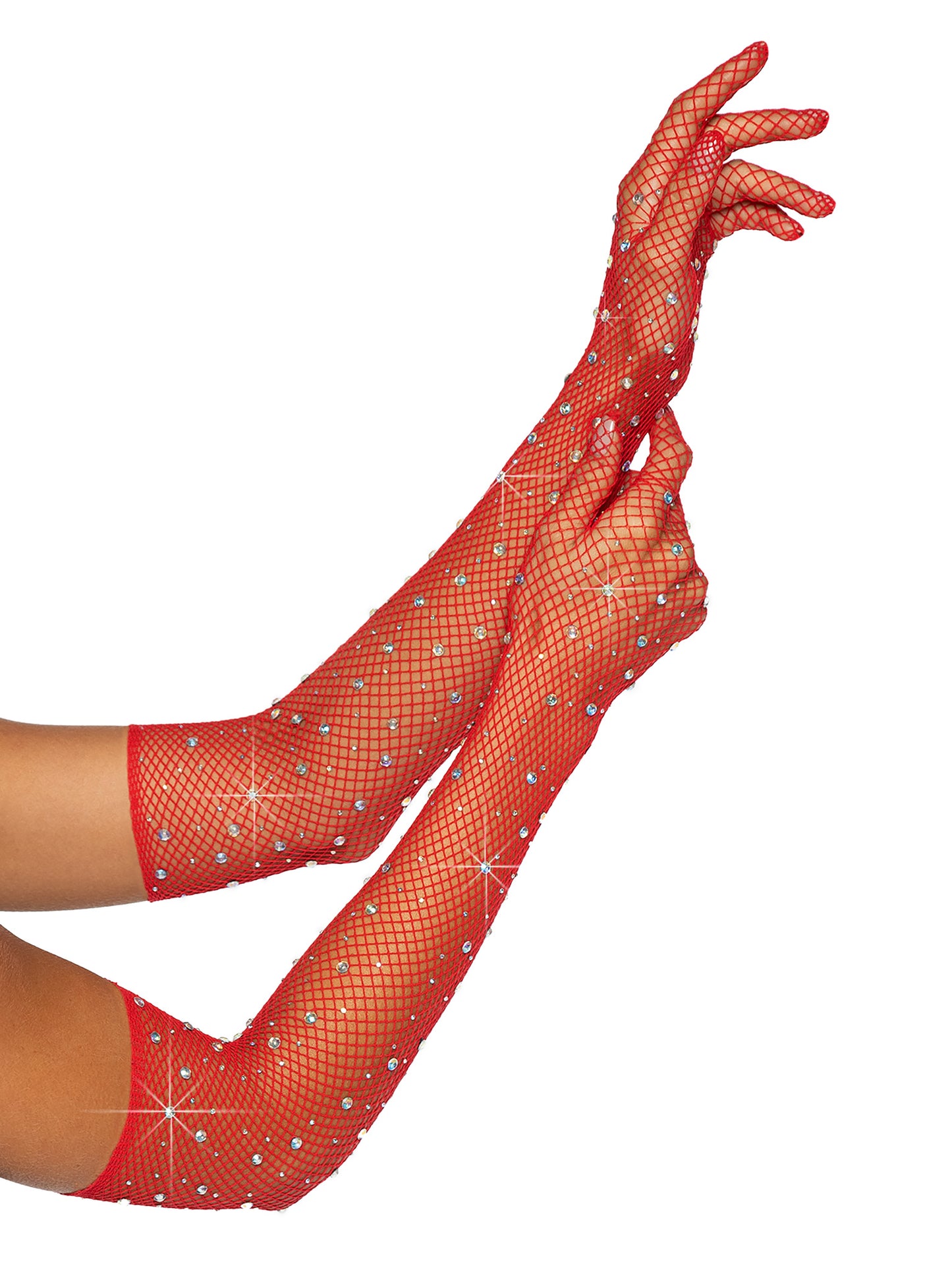 Rhinestone fishnet gloves red