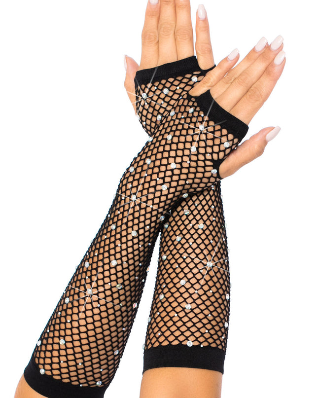 Rhinestone Fingerless Fishnet Gloves