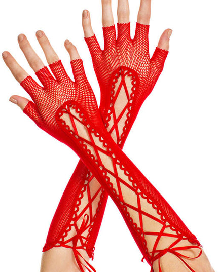 Fingerless fishnet gloves red